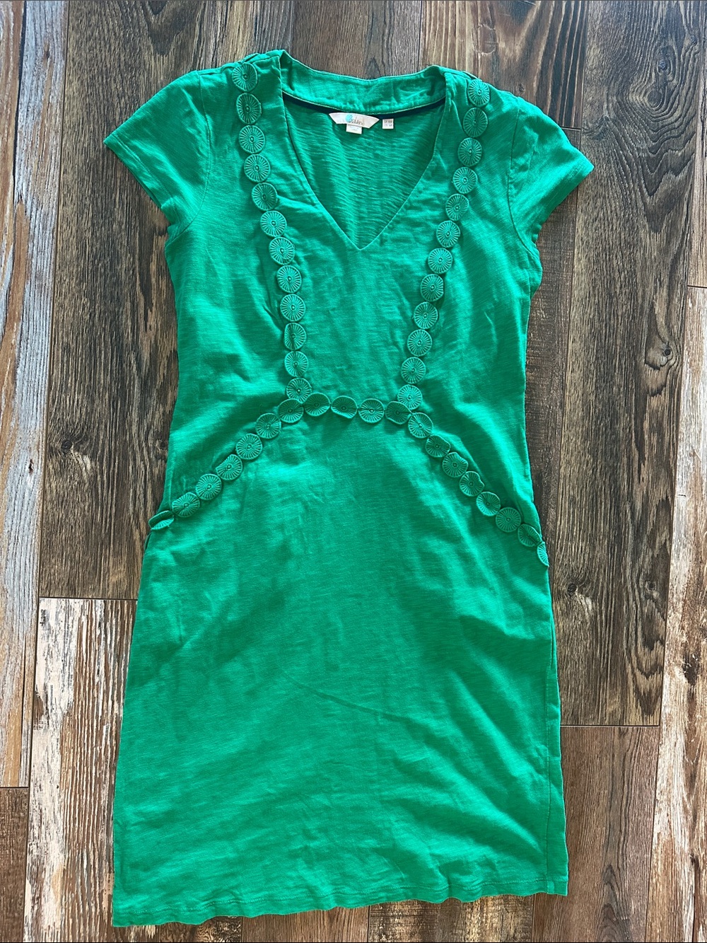 Boden Green V-Neck Mini Dress with Decorative Trim and pockets